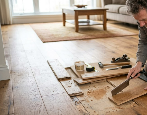 Hardwood board replacement repair in a Clarksburg, MD home