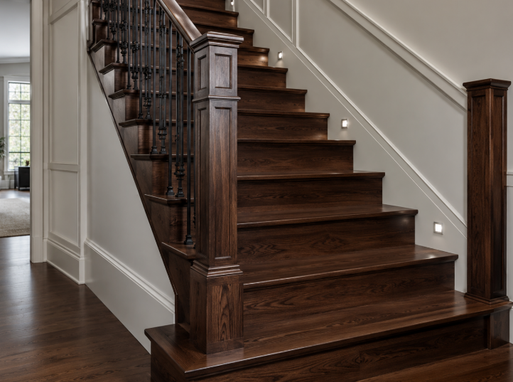 Finished hardwood staircase with stained railing in a Frederick, MD home